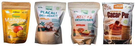 Pack de Super mangues séchées-Placali déshydraté-Attiéké déshydraté-Poudre de cacao pur 1,1Kg