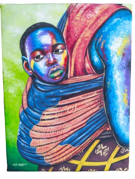 Tableau artisanal d'une femme et son enfant